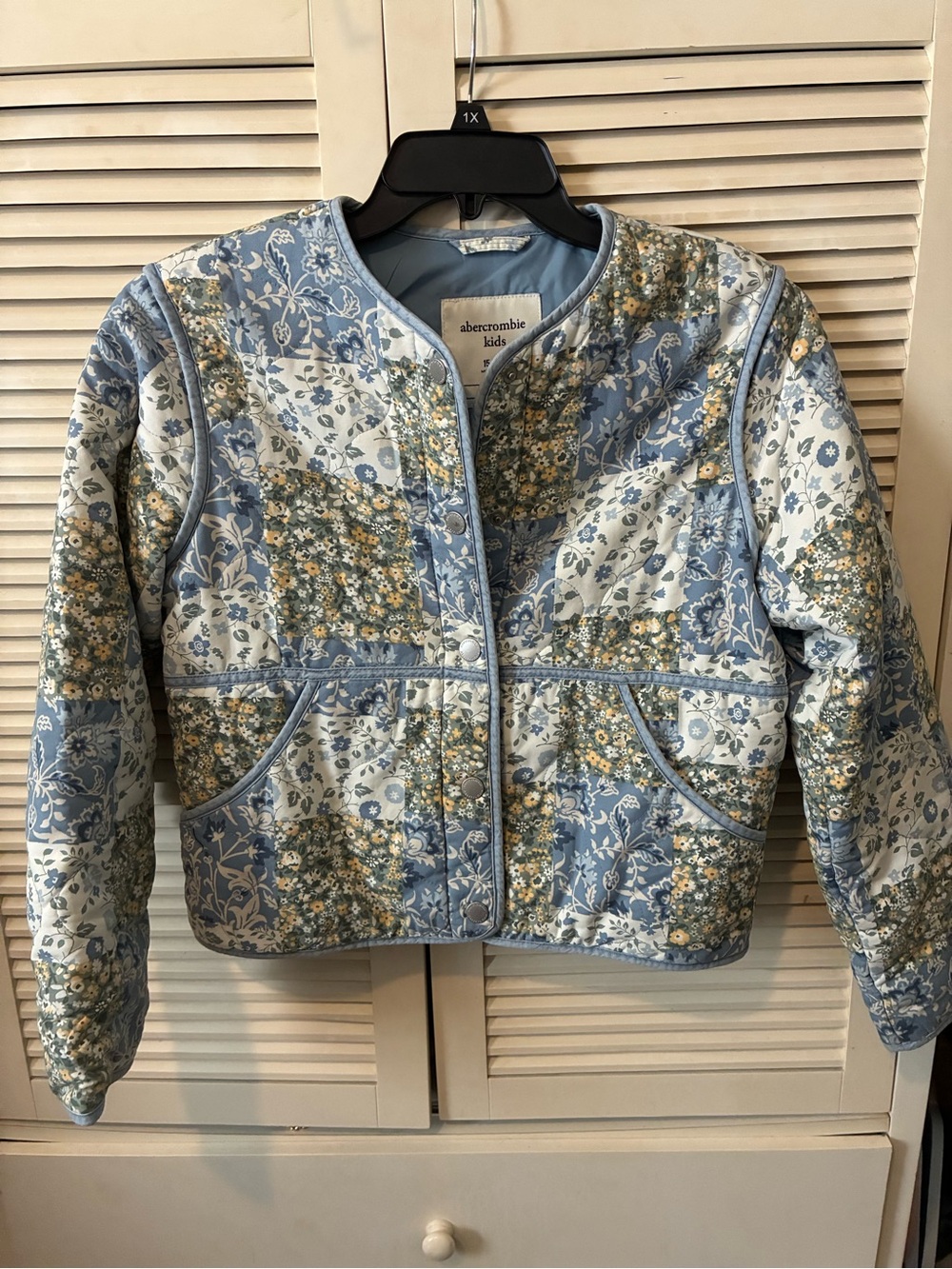 abercrombie kids Quilted Floral Patchwork Jacket in Light Blue and Cream